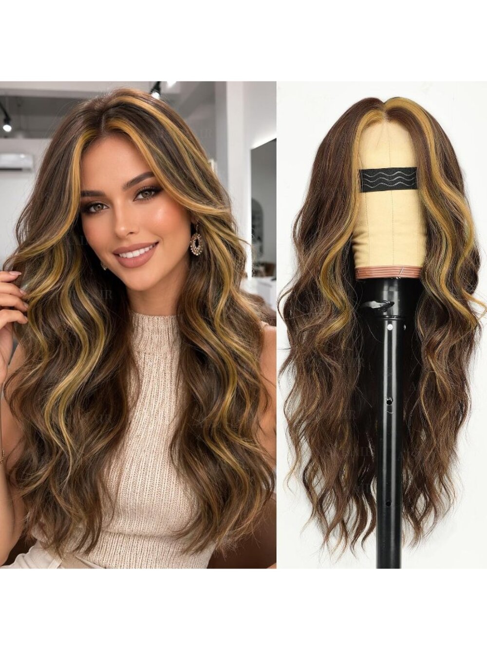Women Chocolate Caramel Lace Hairline 26 Inch Synthetic Heat Resistant Wavy Wigs